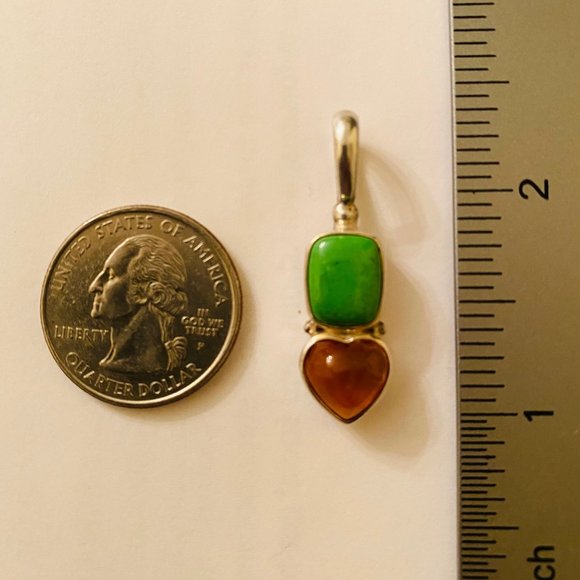 Sajen Green Turquoise and Amber Heart Sterling Silver Pendant - Picture 6 of 6